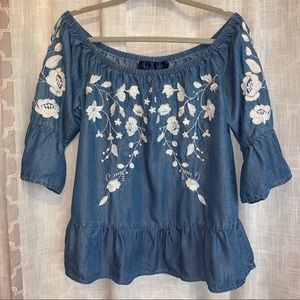 Blue Rain Embroidered Floral Chambray Off the Shoulder top 3/4 bell sleeve LARGE
